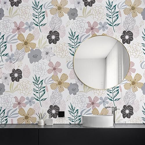 Miniatura 8 de Mecpar Papel tapiz floral para despegar y pegar de 17.71 x 78.7 pulgadas, papel de contacto con flores perennes rosas, vinilo autoadhesivo,