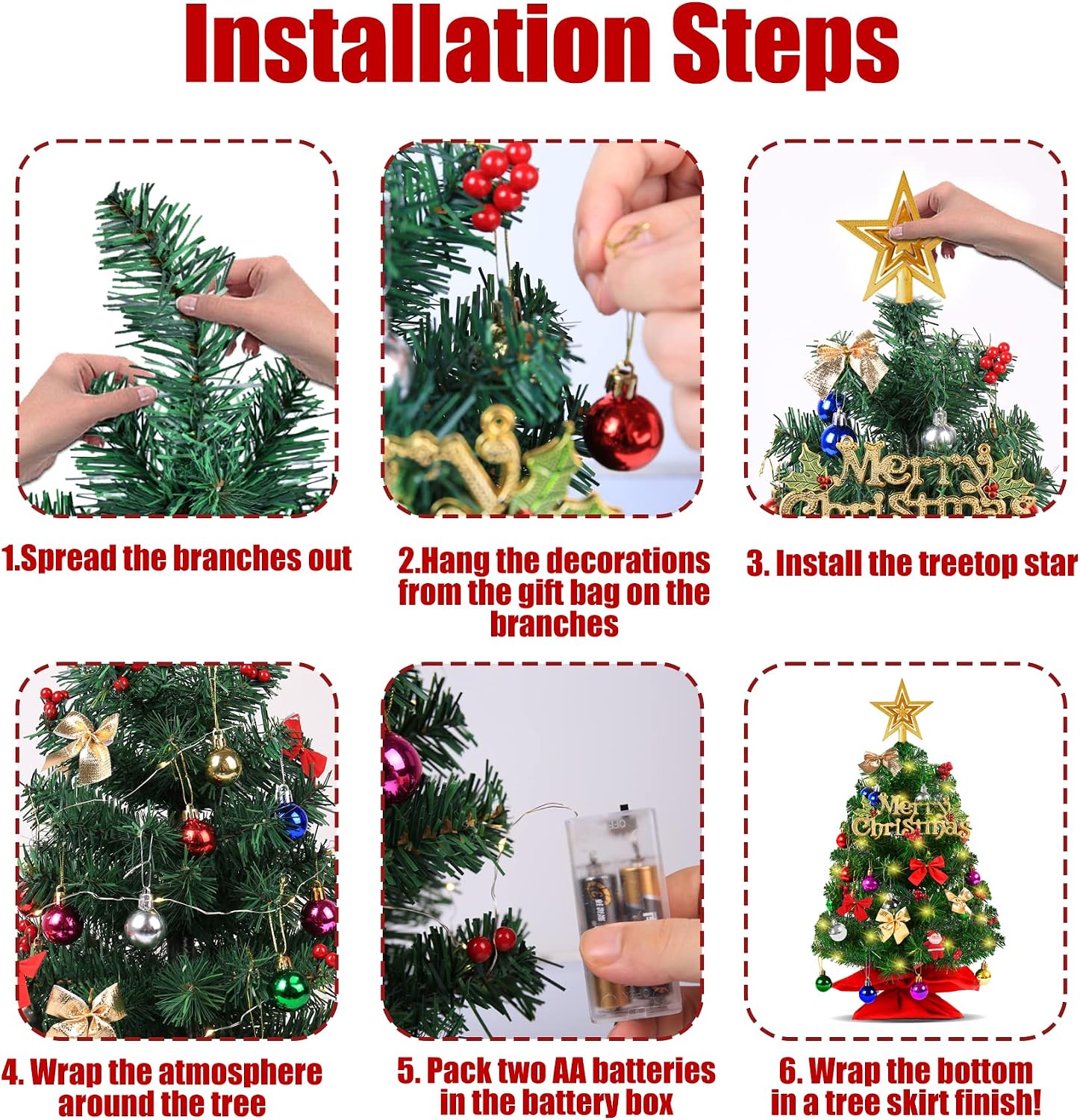 Pre-lit Mini Artificial Christmas Tree, 24 Inch 2ft Small Tabletop Xmas Decorations Trees with LED Lights & Ornaments Decor, DIY Gift Holiday Pine Tree for Table Top Desk Home Office Indoor Decoration