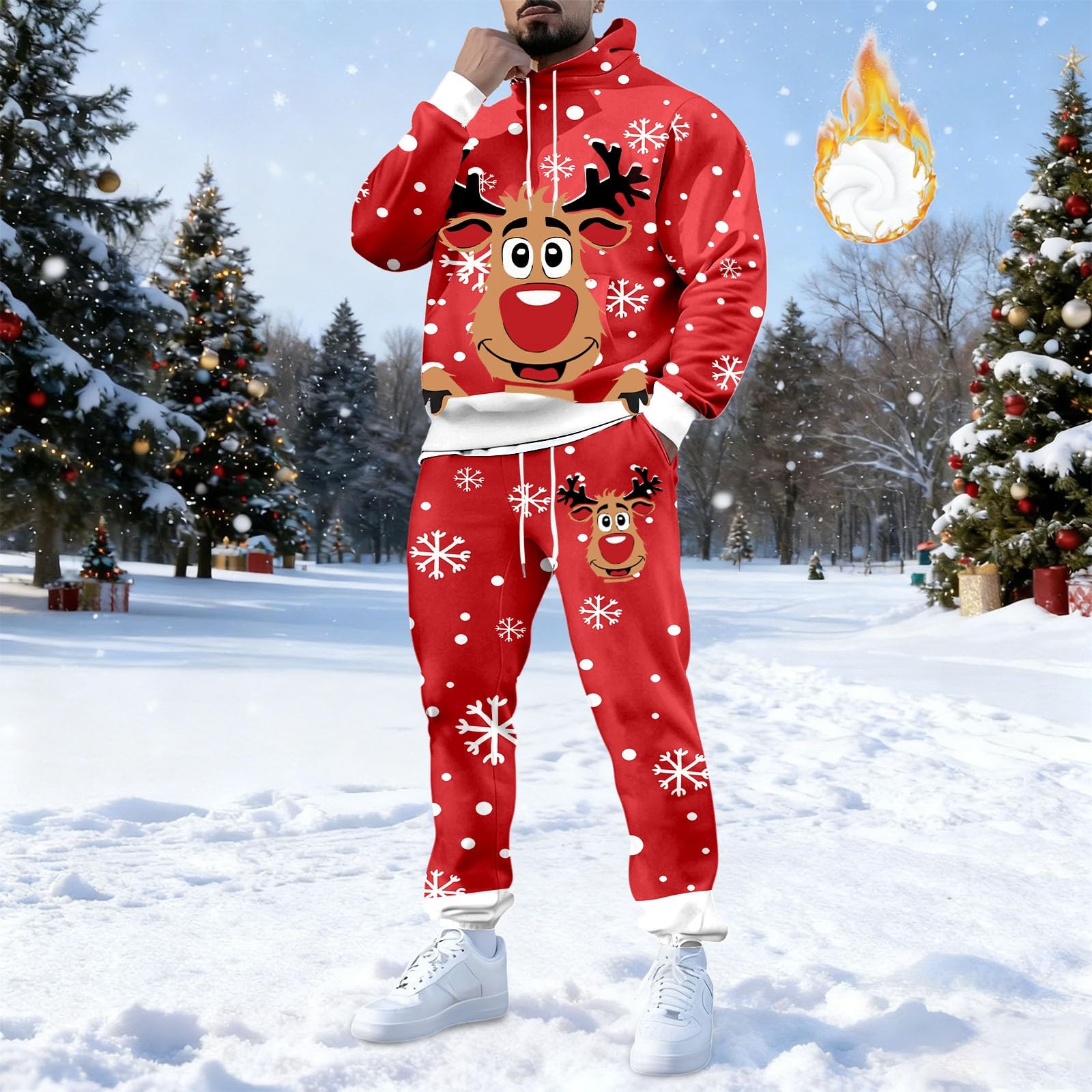 Generisch Świąteczny dres męski do joggingu, na Boże Narodzenie, zestaw 2-częściowy, funky Reindeer, nadruk 3D, strój bożonarodzeniowy z polarowymi bluzami z kapturem + spodnie do biegania