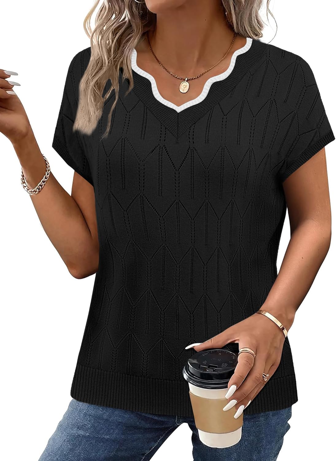 WIHOLL Short Sleeve Sweater for Women V Neck T Shirts Summer Tops 2026 Beach Vacation Clothes Travel Business Casual Outfits - Image 2