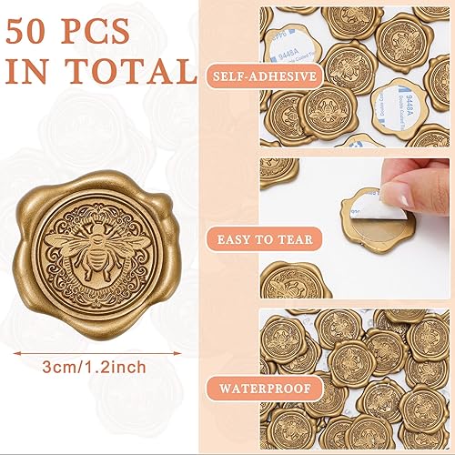 Miniatura 2 de Whaline 50 calcomanías de sello de cera de abeja, calcomanías de sellado de sobres de abeja, calcomanías autoadhesivas 3D doradas en relieve para