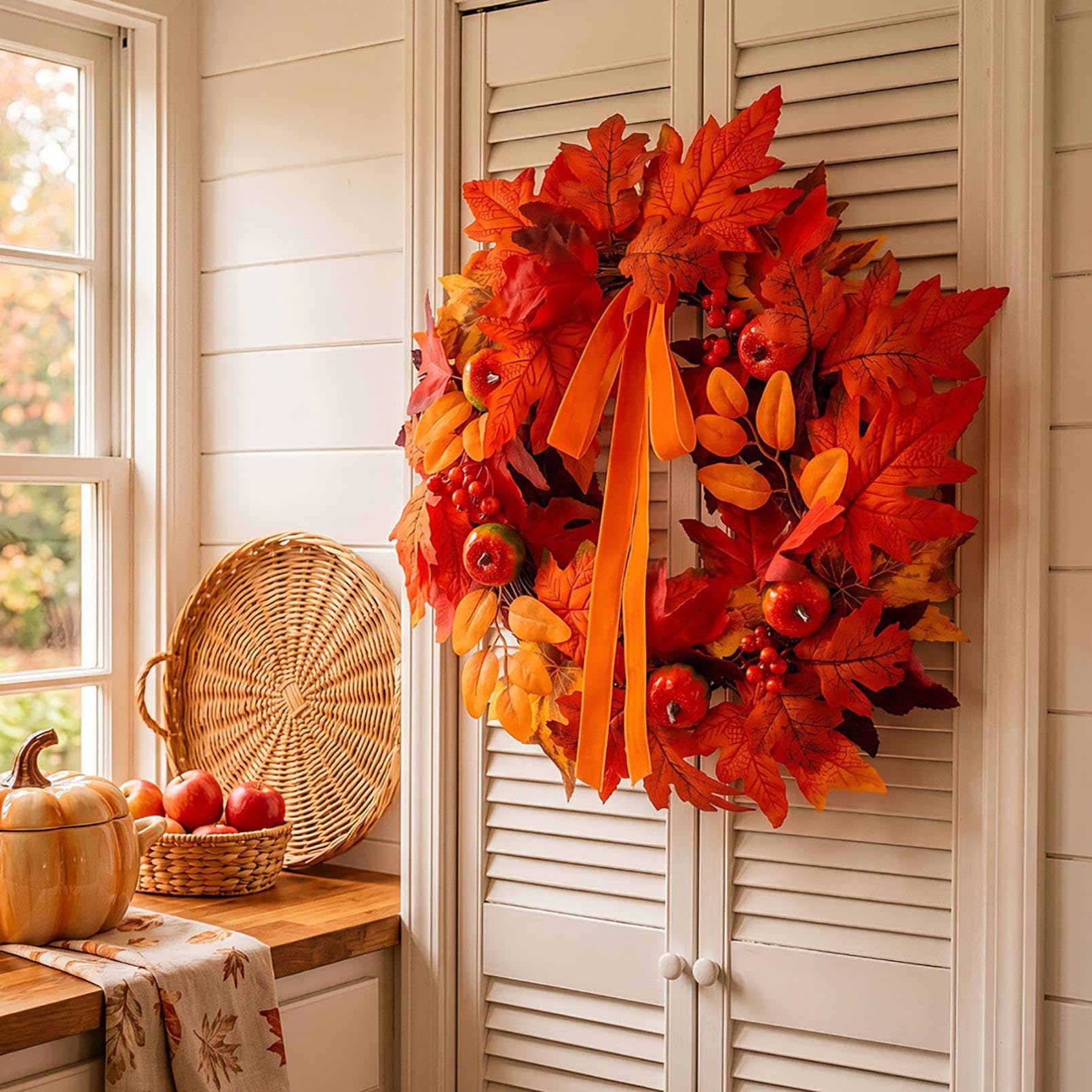 Autumn Swags for Front Door, 18in Fall Teardrop Swag Wreaths with Pumpkin, Sunflower and Maple Leaf, Farmhouse Fall Decoration for Thanksgiving Harvest Autumn, Indoor Outdoor Home Wall (Yellow_C)