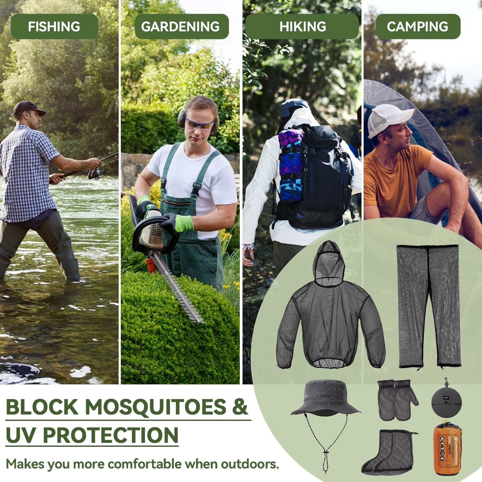 5 piezas de traje antimosquitos con sombrero de red de cabeza de mosquitos, traje de mosquitos, protección contra mosquitos, red de malla ligera, ropa de verano con chaqueta, guantes, pantalones para