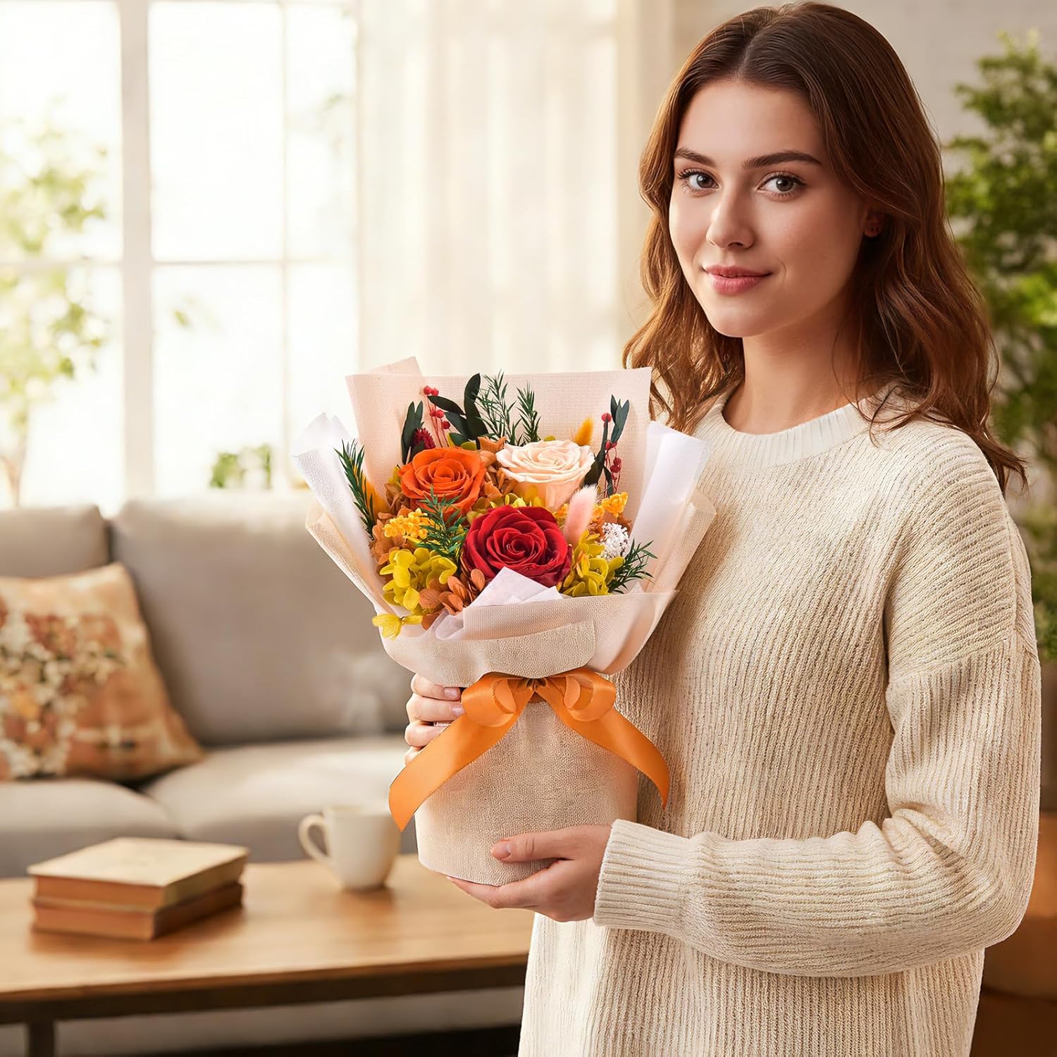 Preserved Flowers Bouquet, Flowers for Delivery,Handmade Orange Rose Bouquets Lasting 3-5 Years, Luxury Gift Box,Birthday Flowers Gifts for Women Mom Grandma Wife Friends - Image 6