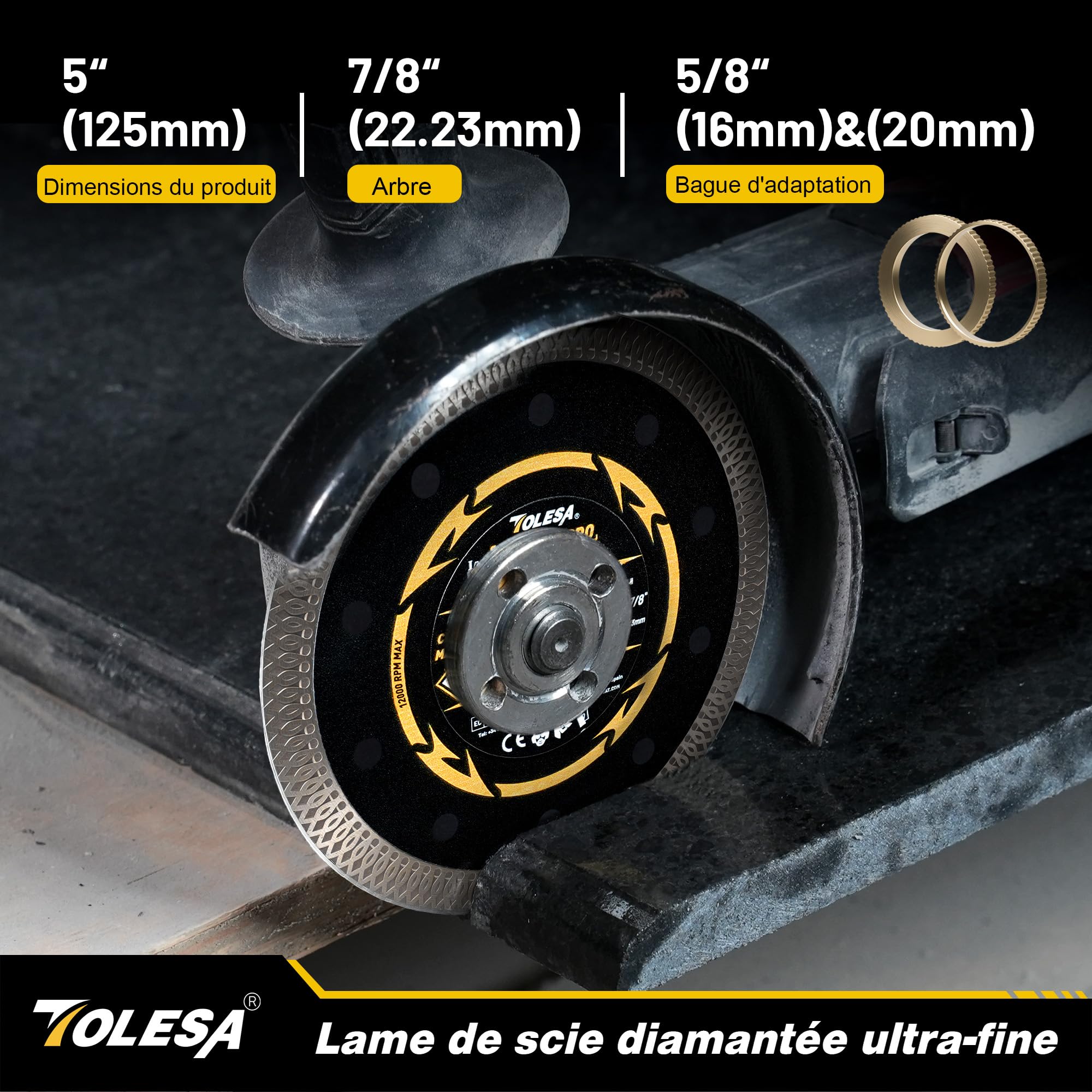 TOLESA Disque Diamant 125 mm, Disque de Coupe Extra Fin pour Carrelage, Céramique, Marbre et Granit, Coupe à Sec ou à l’Eau, Alésage 22,23 mm avec Bagues 20 mm & 16 mm (Lot de 3)