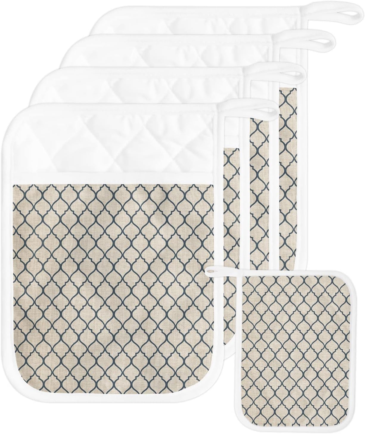 Pot Holders with Pockets, Heat-Resistant Hot Pads for Kitchen, Country Style Vintage Moroccan Pattern Dark Blue Oven Mitts Pot Holders Sets Potholders for Baking Cooking Pack of 5