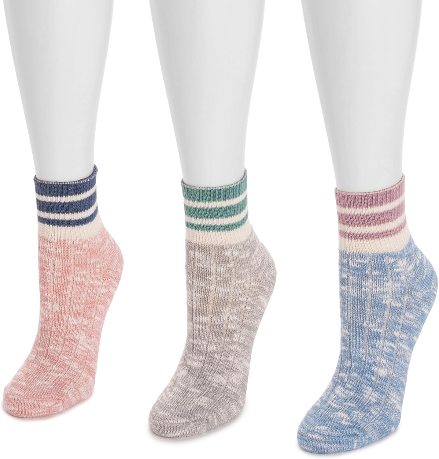 MUK LUKS Women's 3 Pack Rib Cuff Mini Crew Sock, Multi, OS