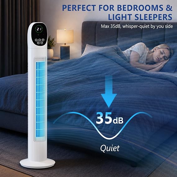 ROVSUN 34 Inch Bladeless Tower Fan with Digital Display & Remote, Turbo Cooling with 3 Speeds, 9H Timer, Safe Quiet Oscillating Floor Fan for Bedroom Home Office, 2-Pack