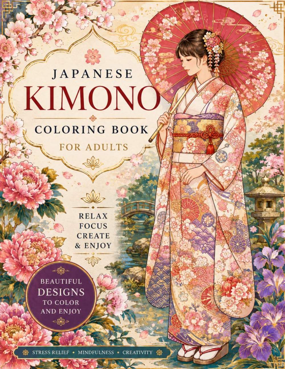 Japanese Kimono Coloring Book: Stress Relief Coloring Pages Featuring Elegant Japanese Fashion and Traditional Patterns