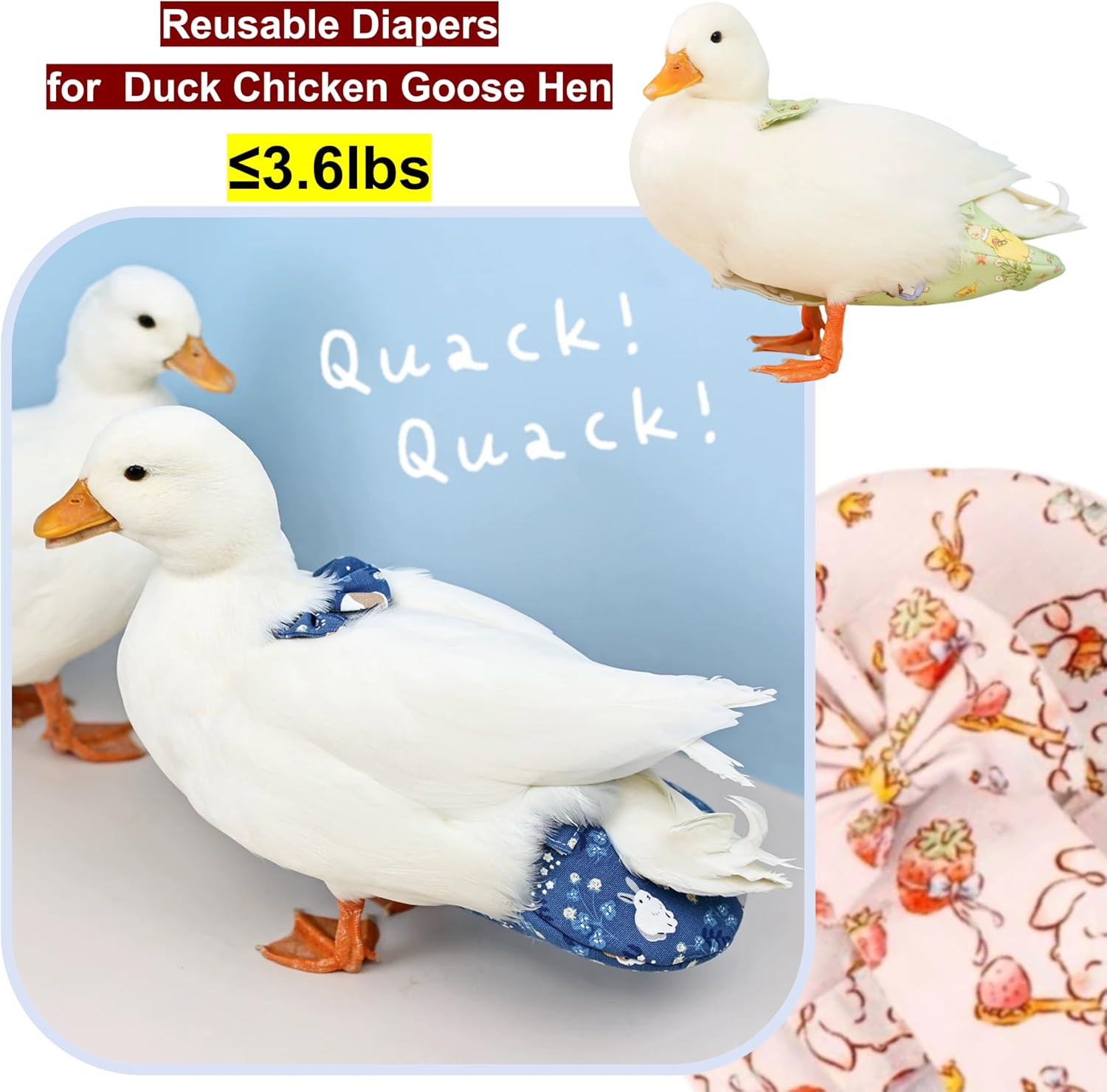 Duck Chicken Diapers with 5-FT Harness Leash & 50Pcs Sticky Disposable Diaper Pads Linings Leak-Proof Washable Adjustable Nappy Poultry Cloth for Goose Hen (Yellow Fruit, One Size, Count, 1)