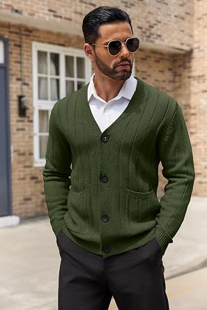 COOFANDY Men's Cardigan Sweater Cable Knit V Neck Button up Sweaters Ribbed Cardigan Sweater with Pockets