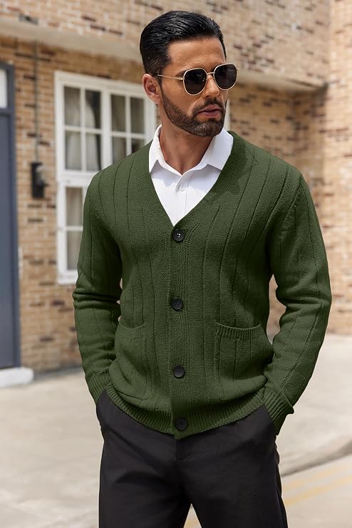 COOFANDY Men's Cardigan Sweater Cable Knit V Neck Button up Sweaters Ribbed Cardigan Sweater with Pockets