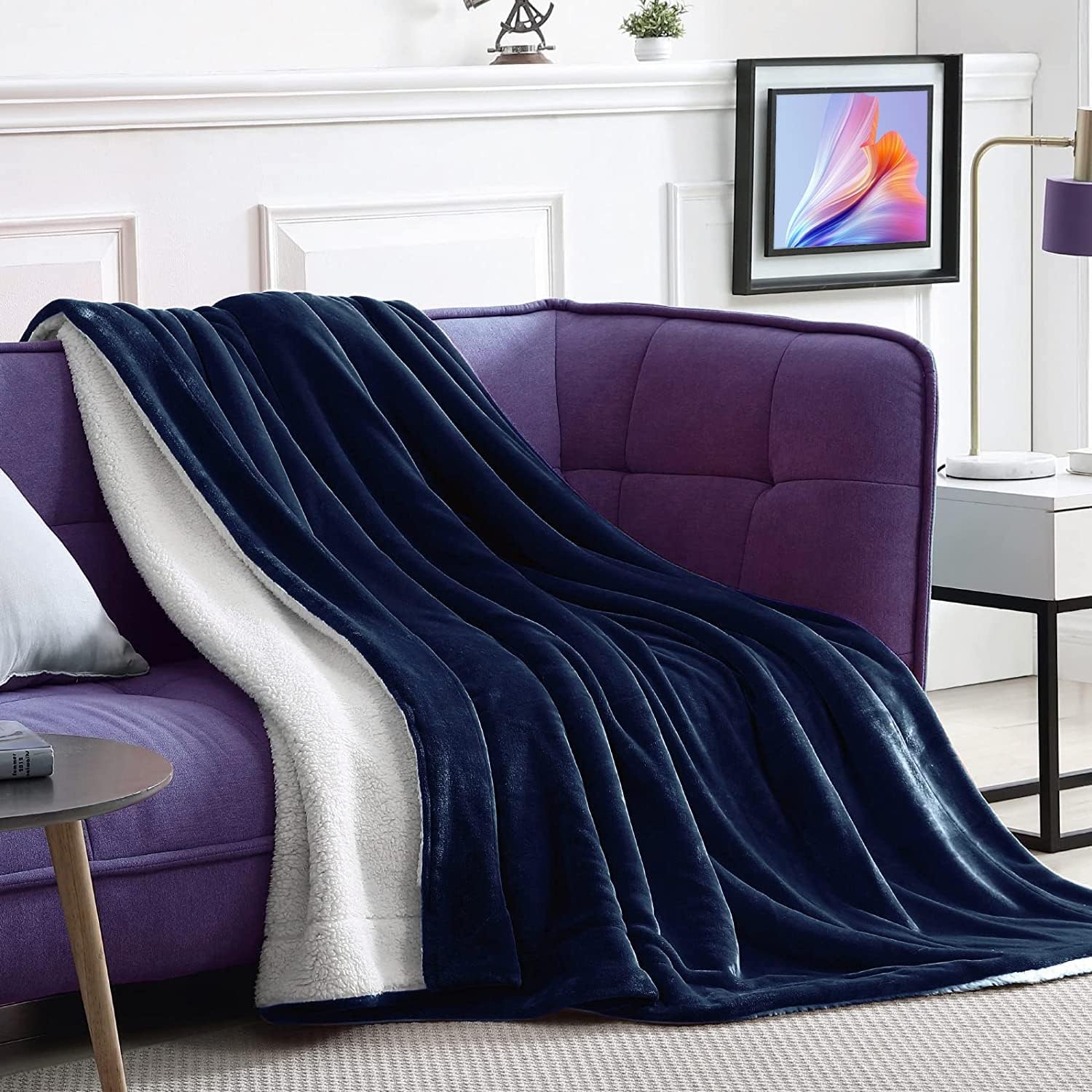 My Home StoreSherpa Fleece Blanket King Size - Thick Double Sided Flannel Soft Microfiber Fluffy Faux Fur Reversible Solid Throw, Navy Blue, 220 x 240cm