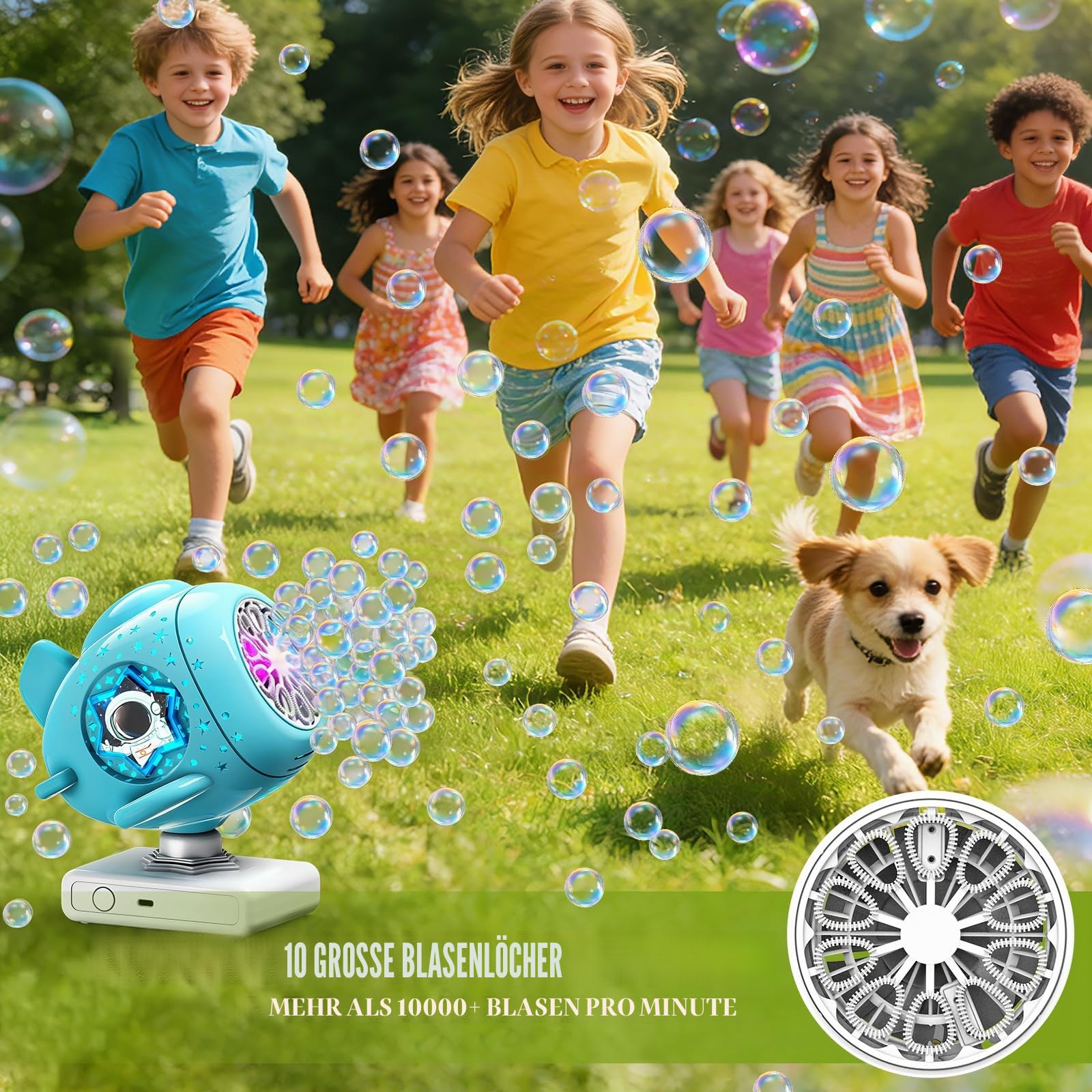 Sitodier wiederaufladbare Seifenblasenmaschine, um 360° drehbares Seifenblasenspielzeug mit Licht, Seifenblasenmaschine in Raumschiff-Form für Kinder und Kleinkinder, Geburtstag, Party, Hochzeit