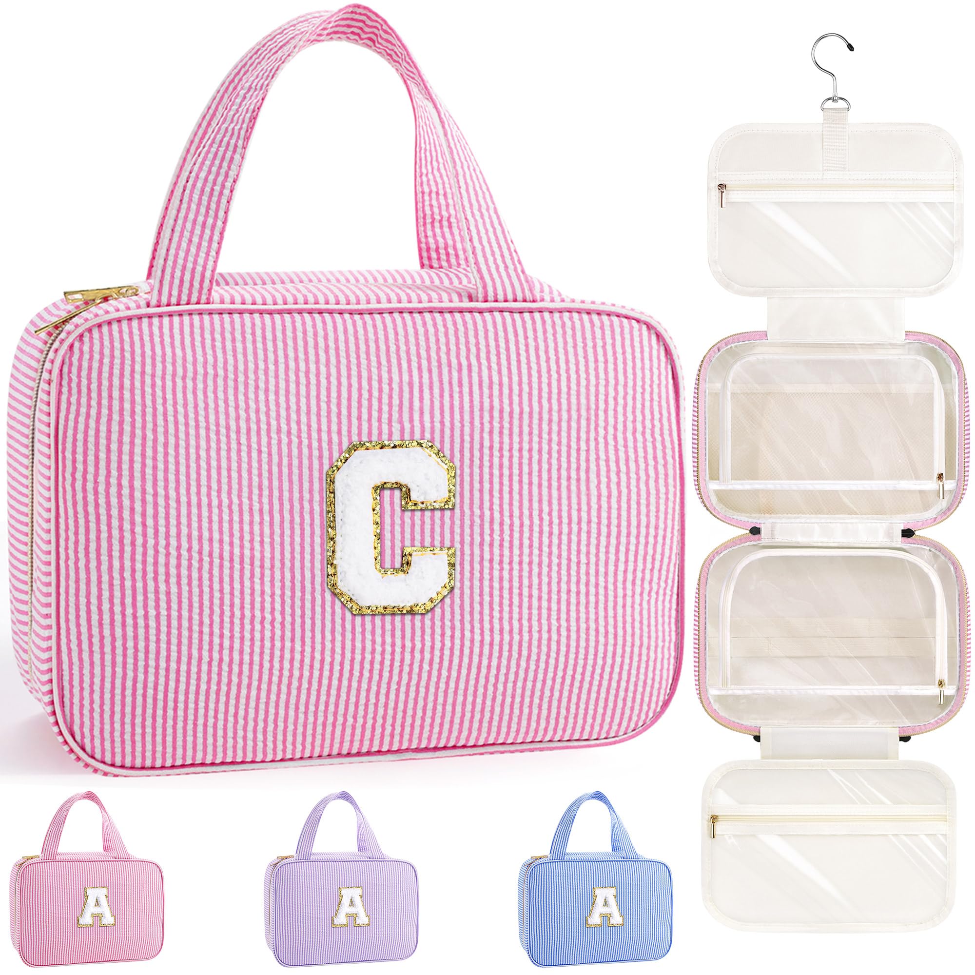 TOPEAST Stocking Stuffers for Teen Girls Christmas Gifts - Travel Hanging Toiletry Bag, Personalized Initial Toiletry Pouch, Gifts for Mom Daughter Sister Friends, Letter C, Pink