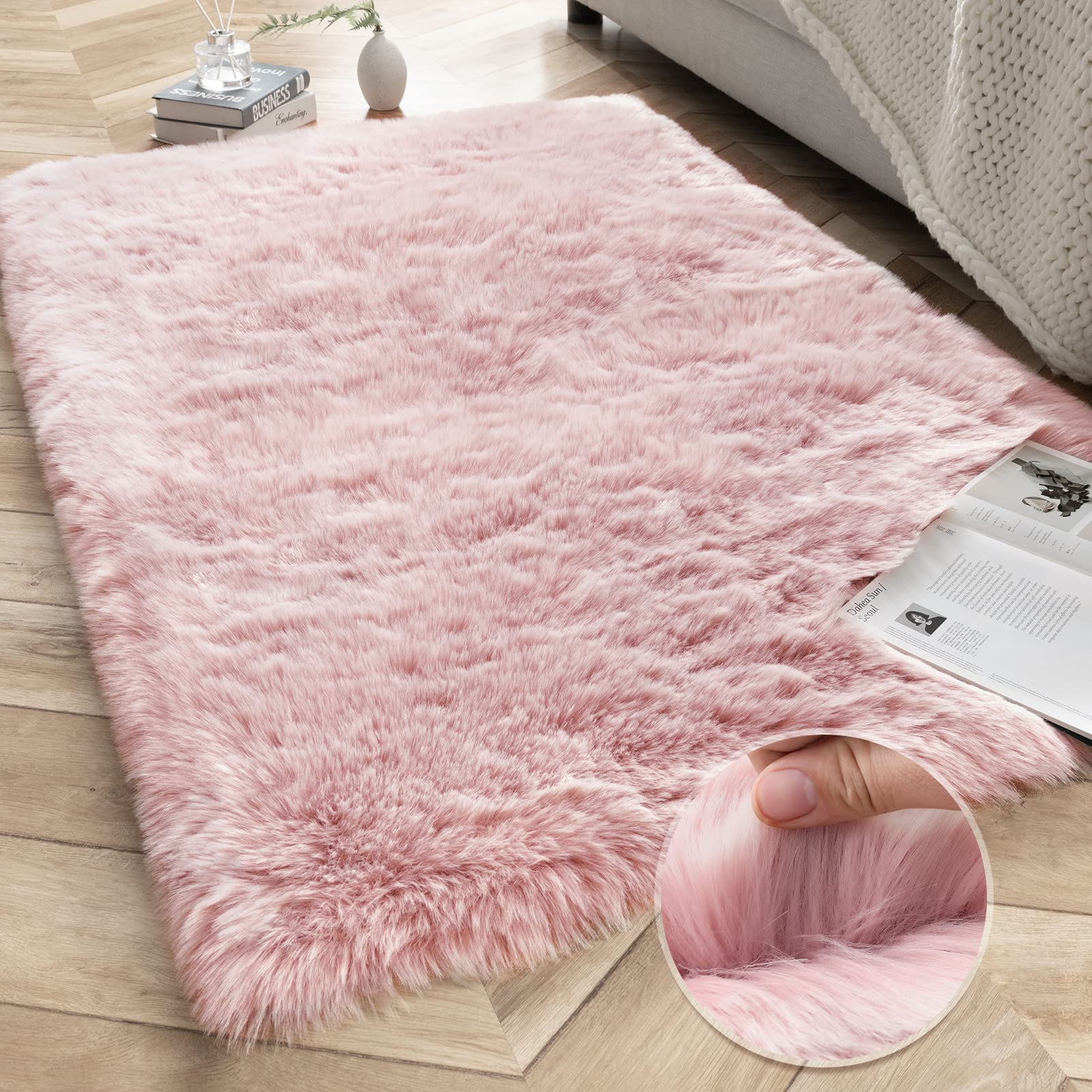 Ashler HOME DECO Soft Fox Faux Fur Chair Couch Cover Area Rug for Bedroom Floor Sofa Living Room Pink White Rectangle 3 x 5 Feet