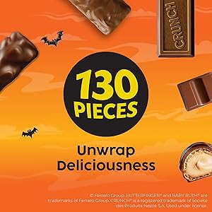 Butterfinger, CRUNCH, Baby Ruth, 100 Grand, Kinder Bueno, Kinder Chocolate, Halloween Candy Fun Size, 130 Minis, 25.9 oz