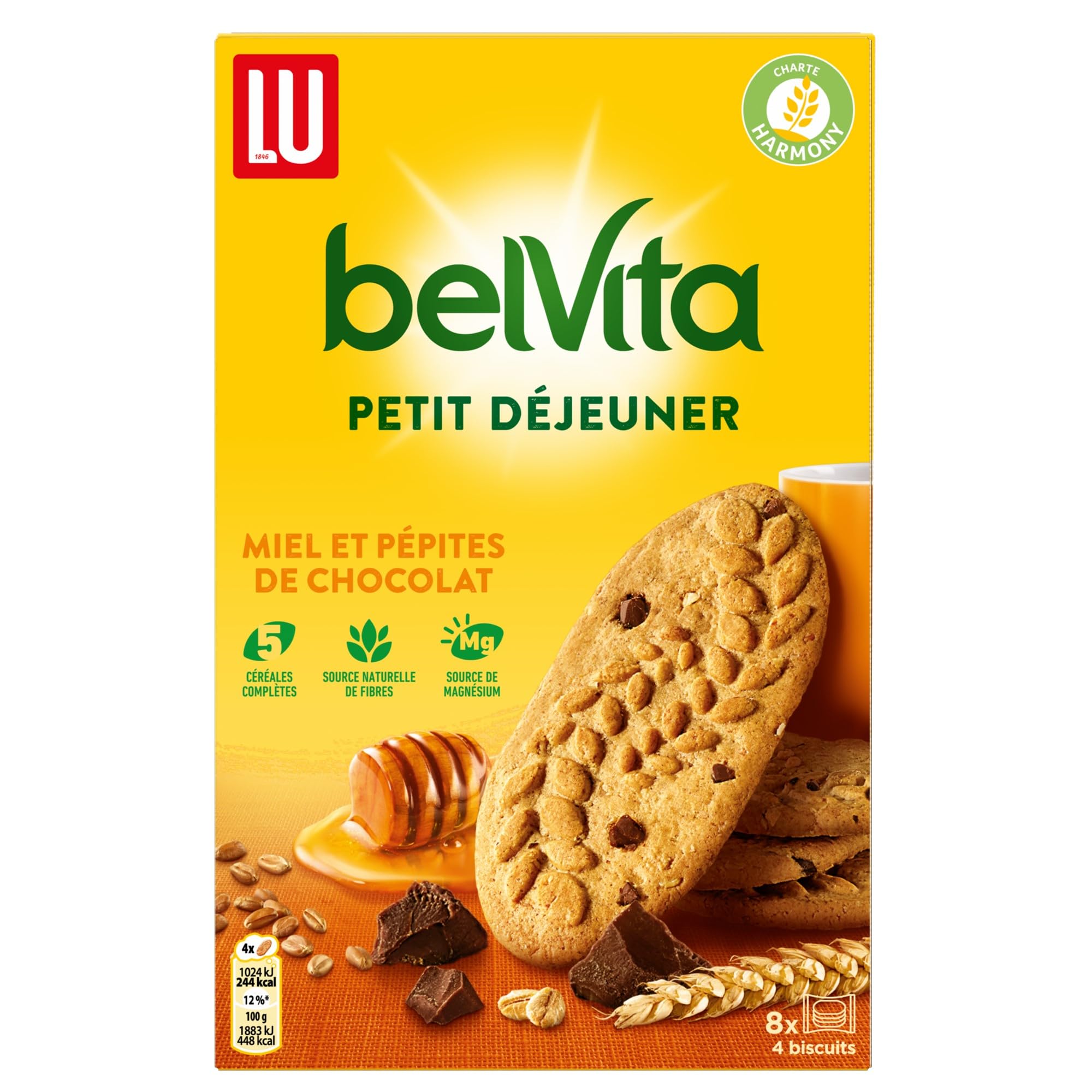 Lu Belvita Petit Déjeuner - Biscuits Miel et Chocolat - 21x400g | 21 Boîtes de 400g | Biscuits croustillants au miel et pépites de chocolat, 5 céréales | Idéal petit déjeuner