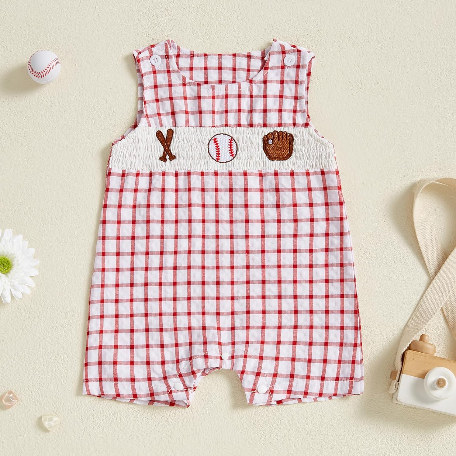 Chloefairy Newborn Baby Boy Girl Baseball Outfit Sleeveless Overalls Romper Smocked Baseball Bubble Summer Plaid Bodysuit - Image 3