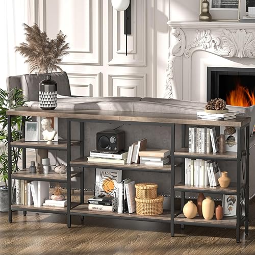 Mesa consola industrial, mesa de entrada extra larga de 70 pulgadas, mesa de sofá con 9 niveles de almacenamiento para pasillo, entrada y sala de