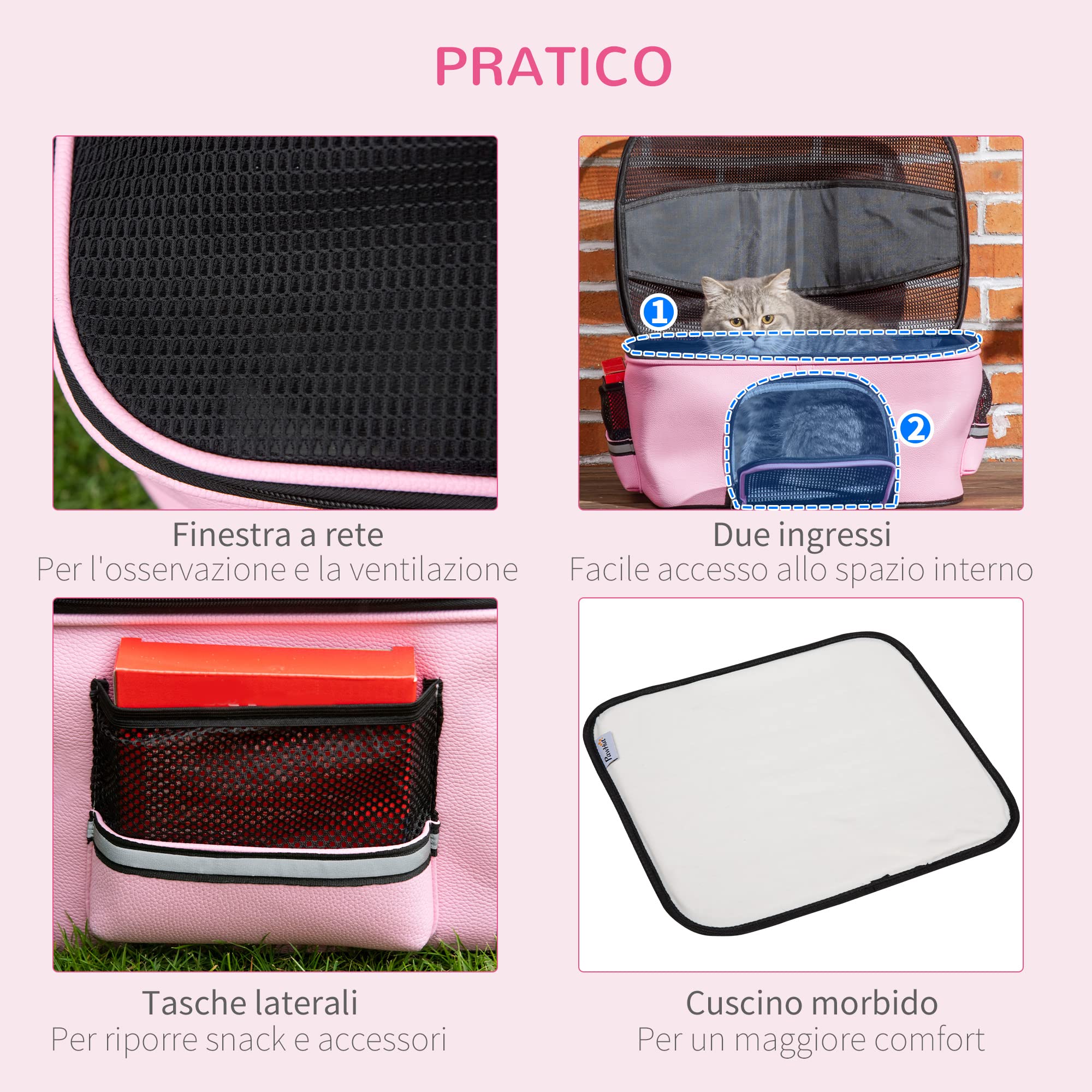 PawHut Trasportino per Gatti e Cani con 2 Porte a Cerniera, Borsa per Cani con Tasche e Cuscino, 50x35x36cm, Rosa