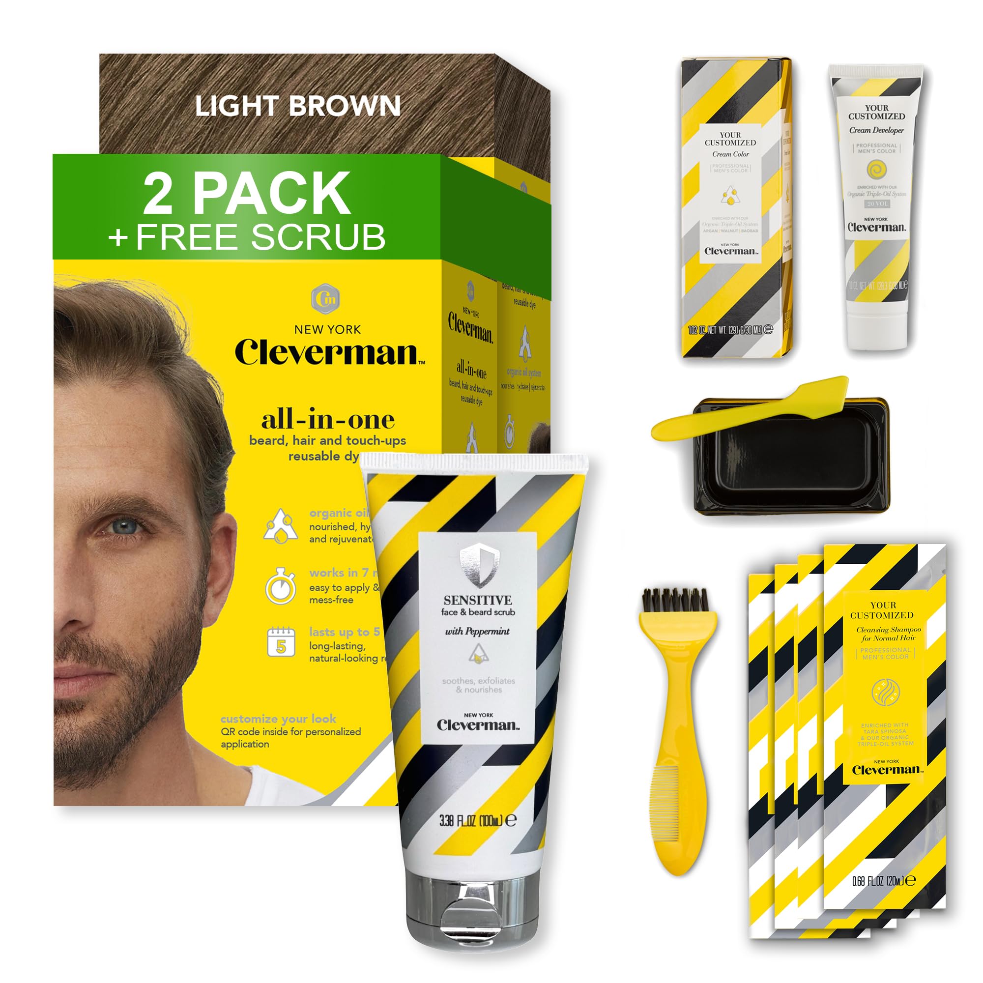 Cleverman 2 Pack - Light Brown Hair & Beard Dye for Men x2 + 1 Free Sensitive Face & Beard Scrub