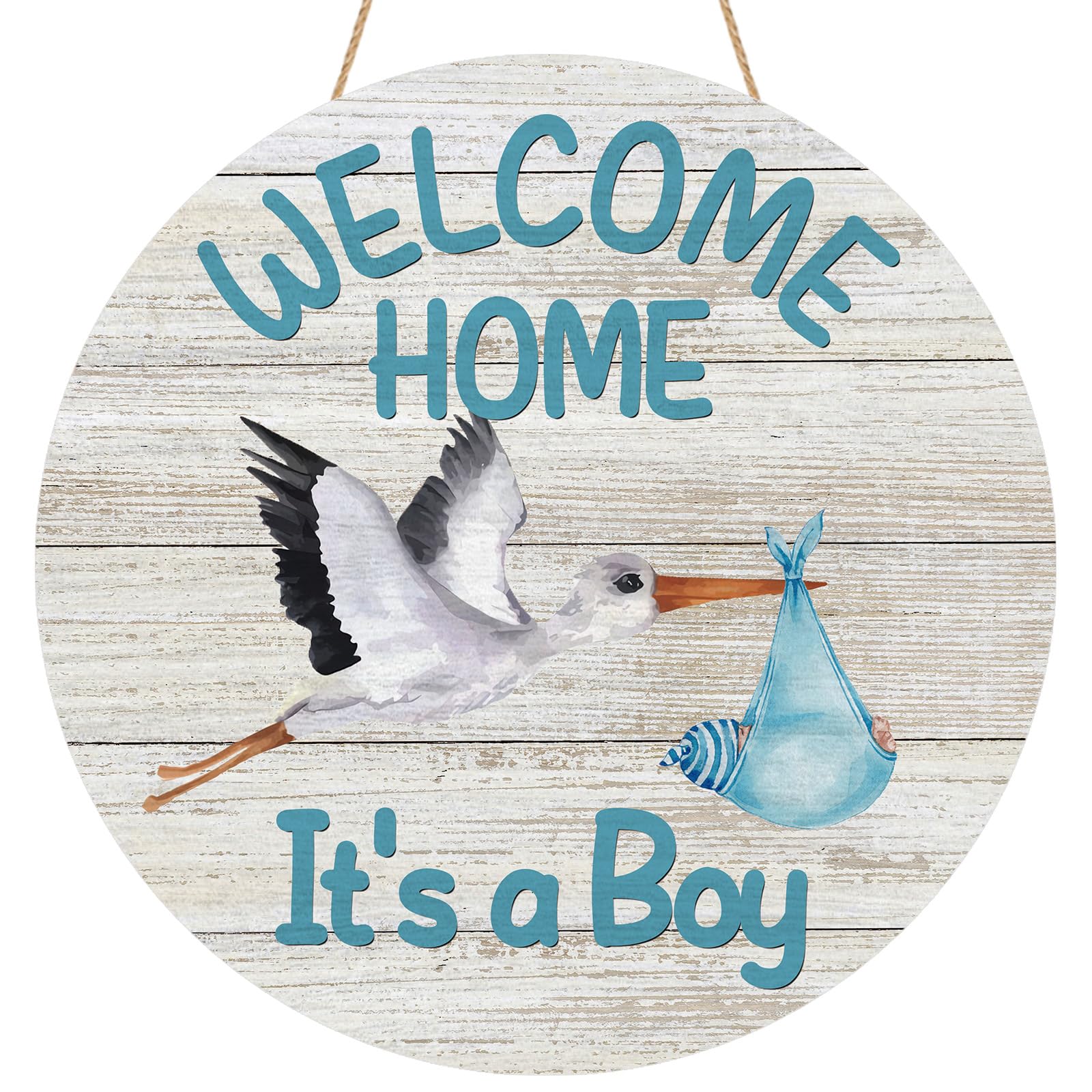 YINENA Welcome Home Baby Boy Door Sign Wood Door Hanger for Outdoor Outside Porch Farmhouse Newborn Gender Reveal Stork Wooden Indoor Wall Hanging Decoration