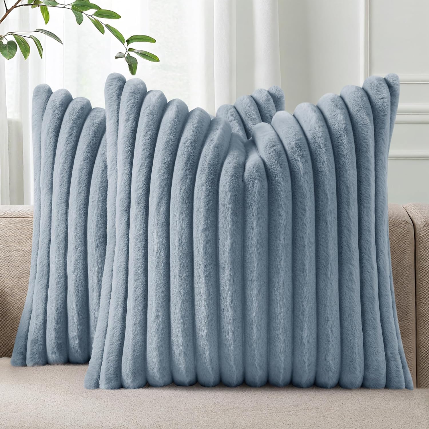 Homaxy Faux Fur Cushion Covers 40x40cm Set of 2, Grey Blue — image 1