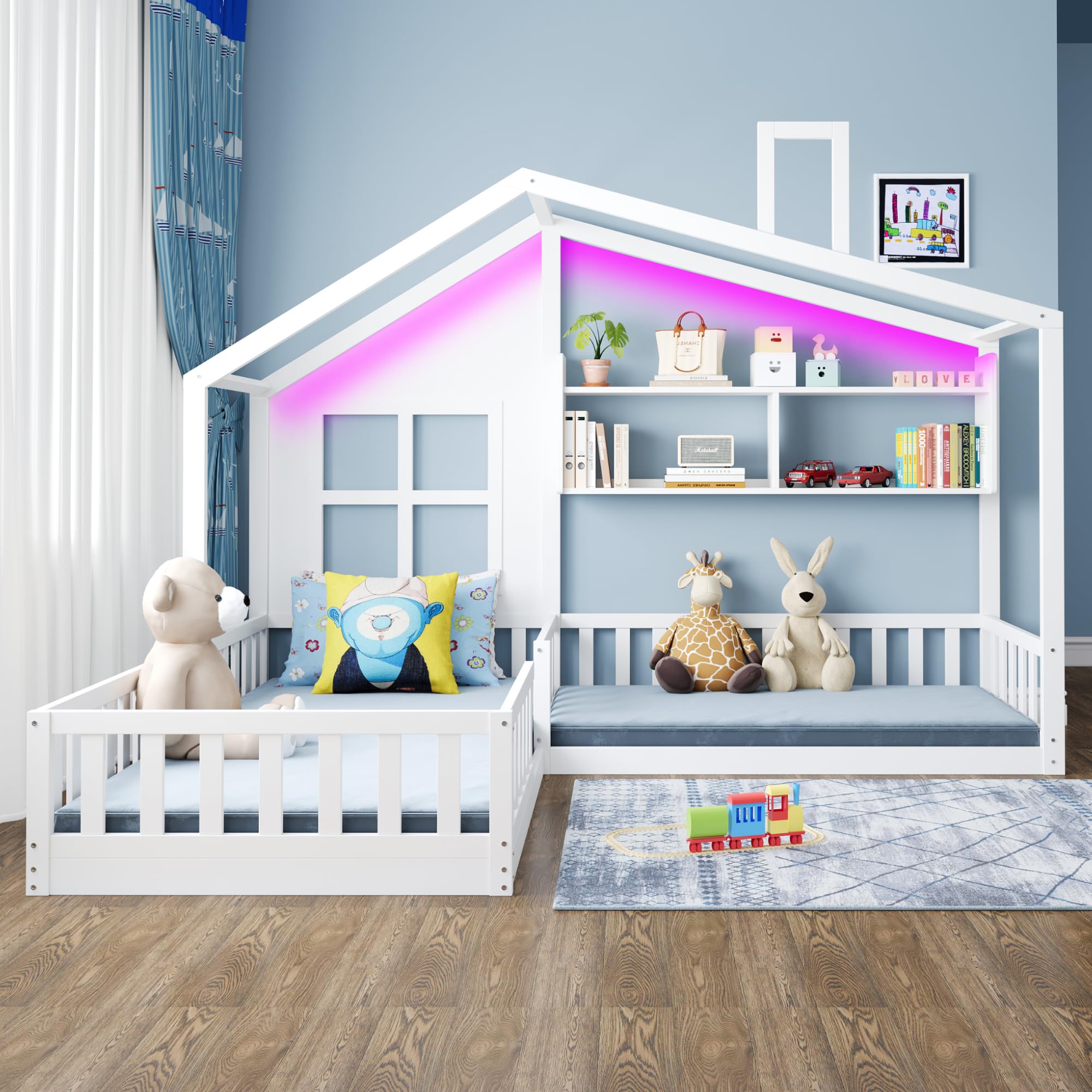 Cama de suelo para cuna, 90 x 200 cm y 140 x 70 cm, función atmosférica, barandillas de seguridad y estantes, madera + MDF, completo con somier para habitación infantil, color blanco
