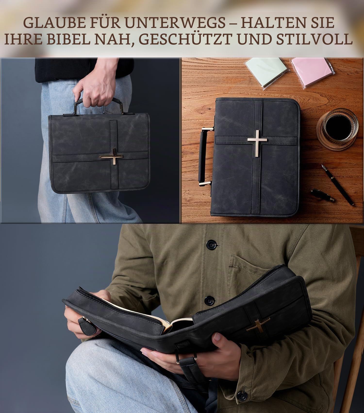 Veganes Leder Bibel Cover Case Bibeltasche mit Handytasche Bibelhülle für Männer Frauen Christliche Geschenkbox Verpackung (Schwarz)