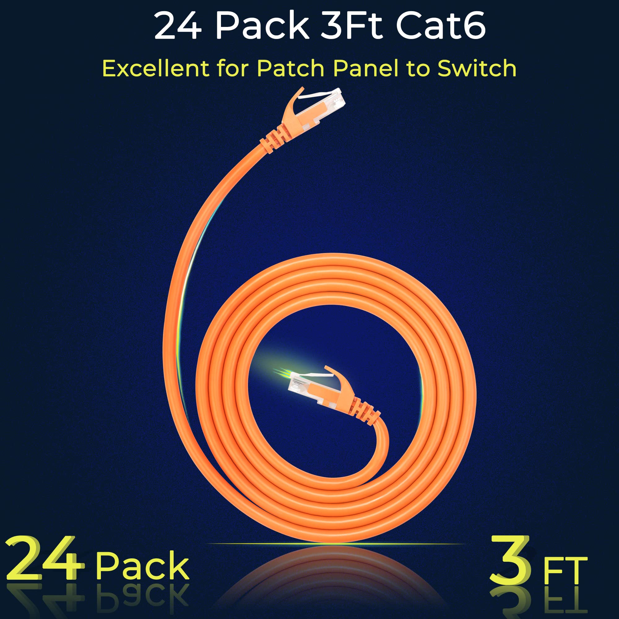 Rapink Cavi patch Cat6 da 0,9 m (confezione da 24), cavo patch Ethernet 10G, cavo patch Cat 6 per pannello patch a switch, cavo Ethernet flessibile Cat 6 con placcato oro arancione