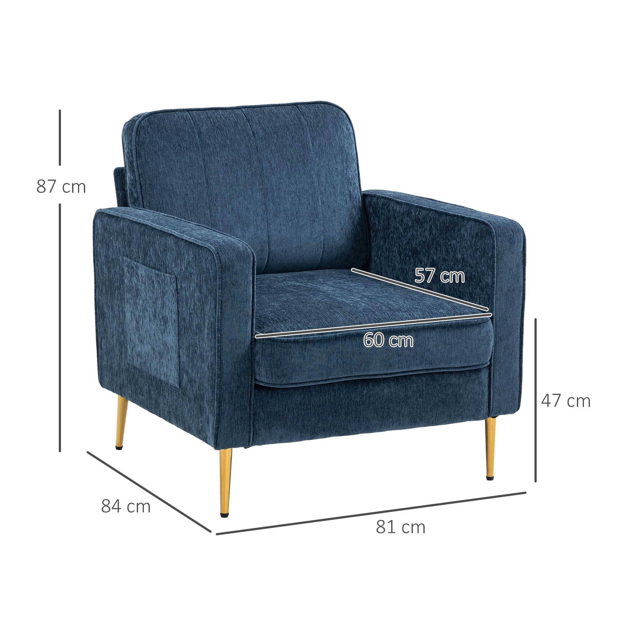 HOMCOM Canapé 1 Place avec Pieds en Acier Doré Grand Confort Salon Bleu
