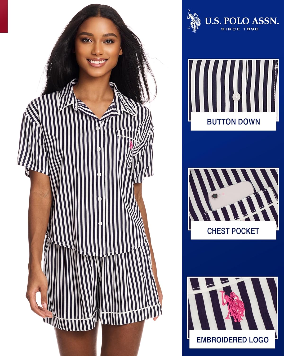 U.S. Polo Assn. Summer Pajamas for Women - Short Sleeve Button Up Top and PJ Shorts Set - Lounge Sets for Women - Image 4