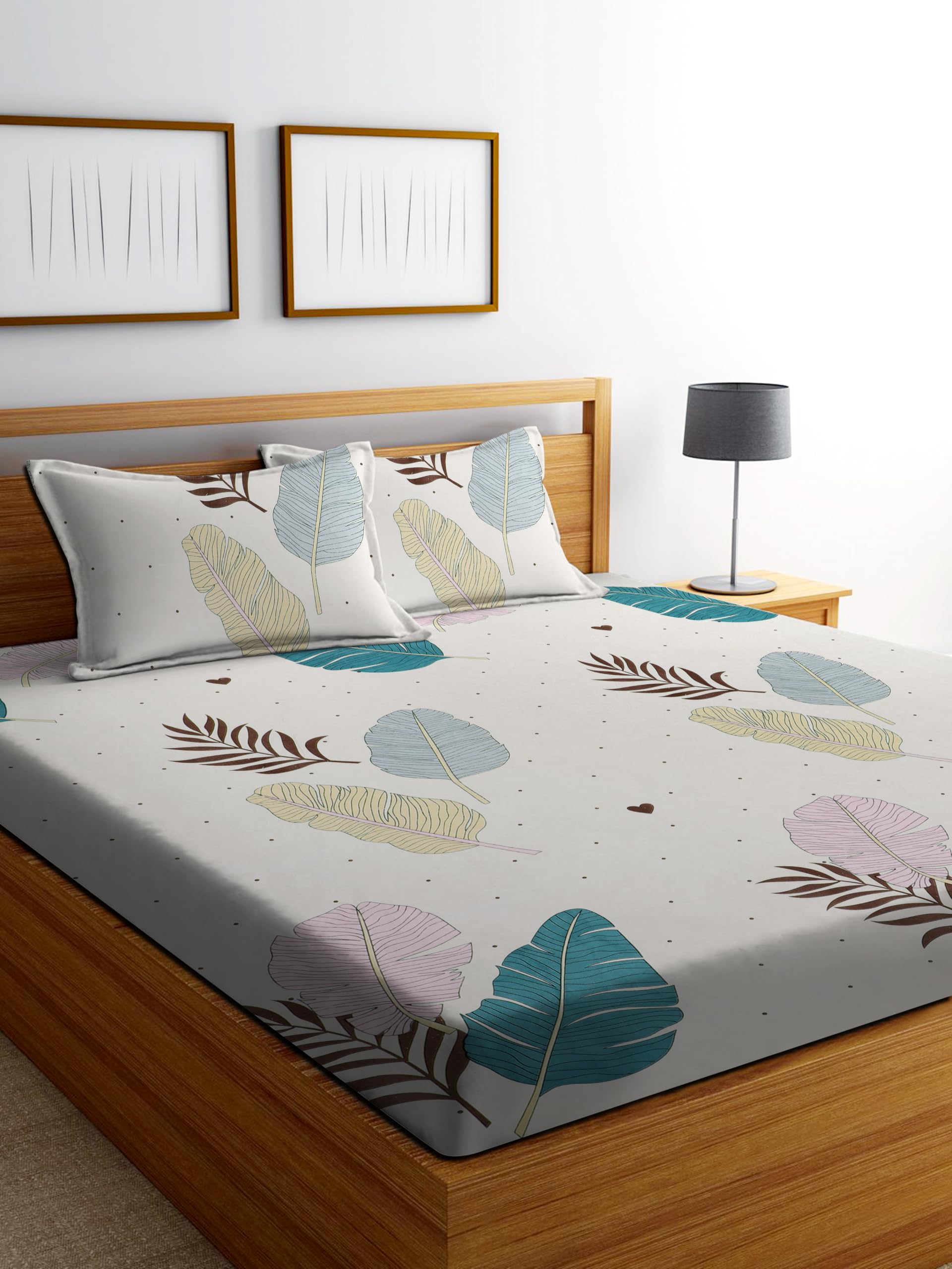 DECORUM Glace Cotton Fitted 1 Bedsheet King Size (72"x78") | All Around Elastic | Cotton Feel | 2 Pillow Covers (17"x27") | Fits Up to 8" Mattress | 200-220 TC | Printed Double Bed Sheet Set-picture-32