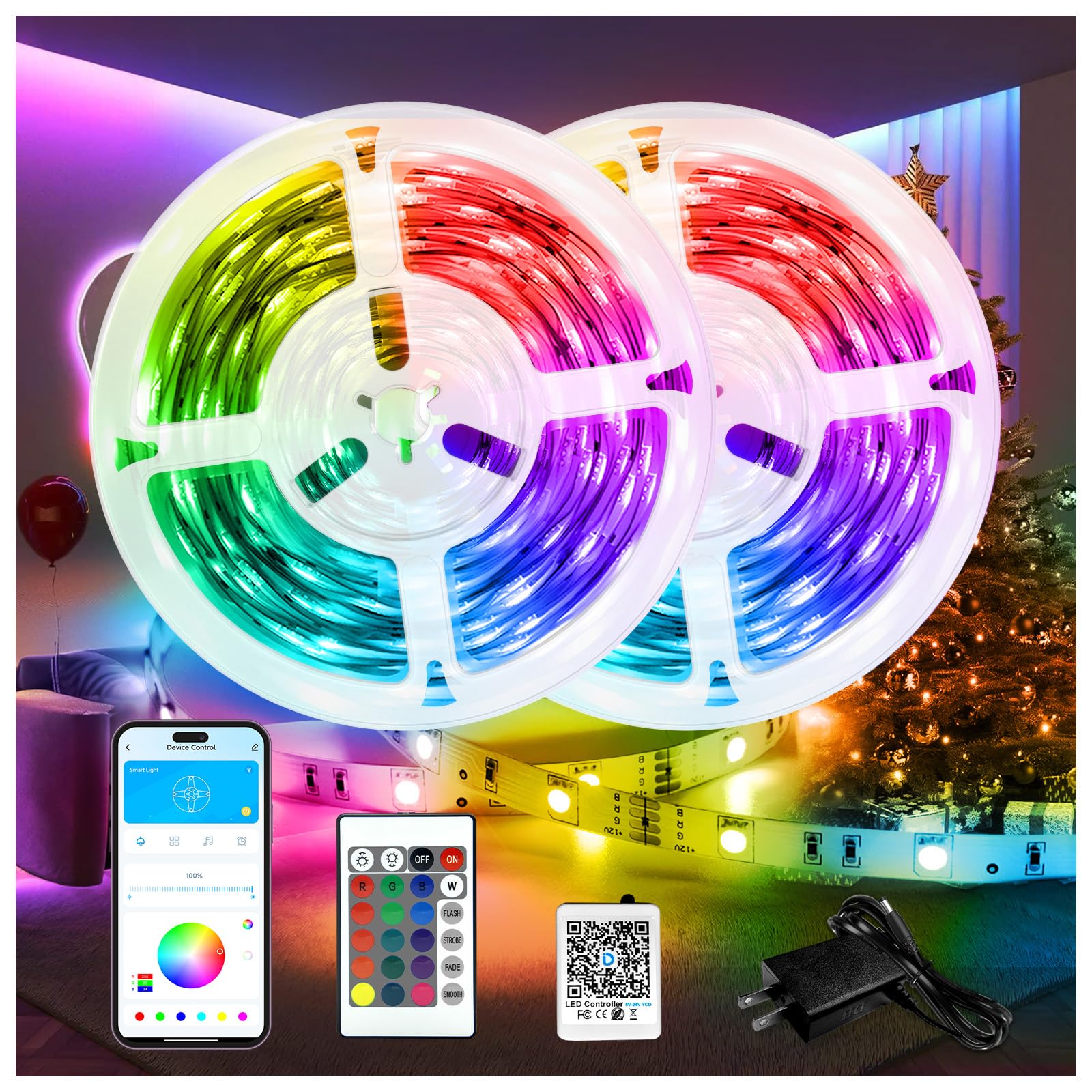 DAYBETTER LED Lights for Bedroom 132ft (2 Rolls of 65.6ft), Music Sync Color Changing Strip Lights with Remote, 24V Power Supply, Classroom Lighting, Room Decor for Teen Girls Boys Birthday Gifts