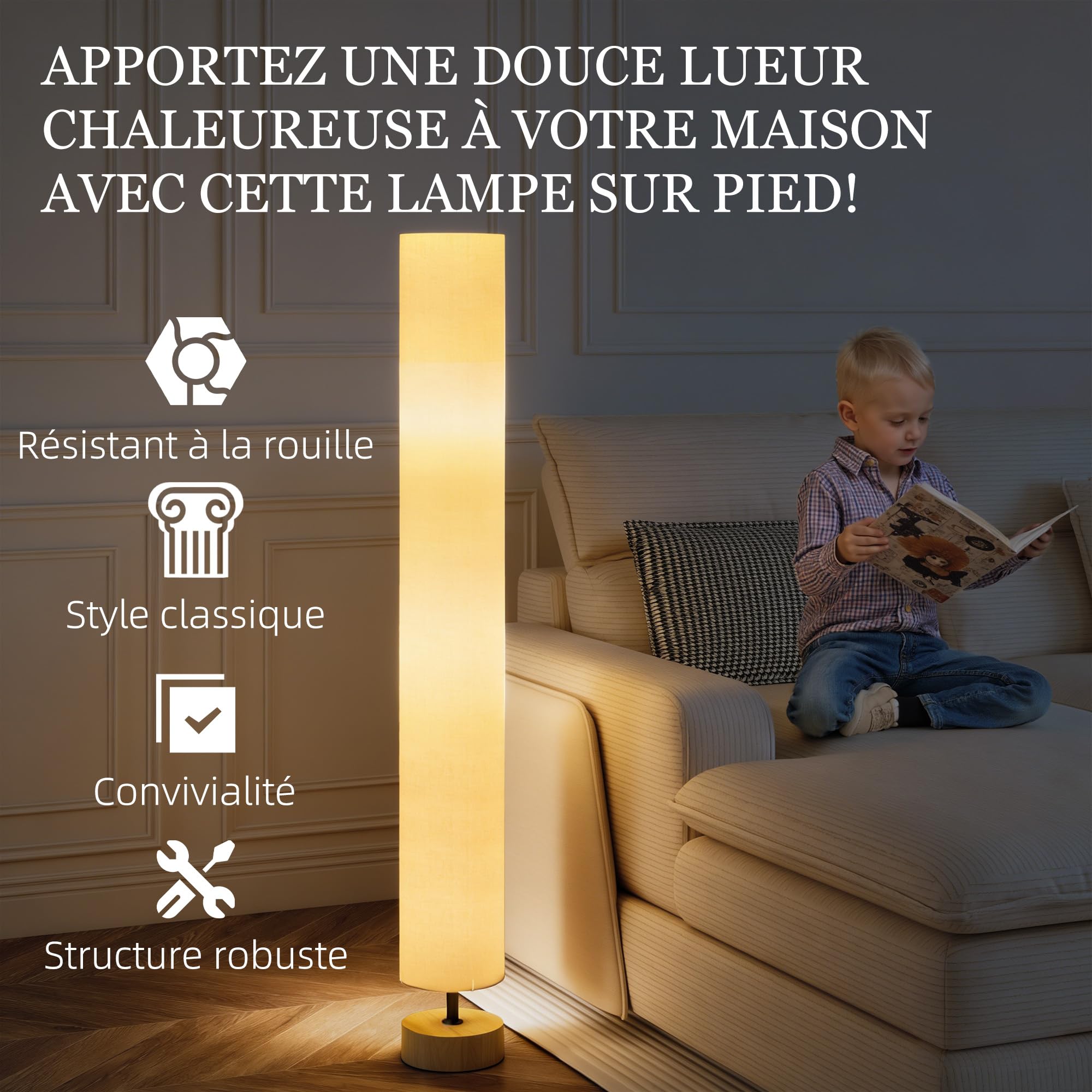 HOMCOM Lampadaire lampe sur pied de salon abat-jour en lin contemporain avec interrupteur à pied, 2 x douille E27, lampadaire salon, chambre à coucher, bureau, 120 cm, beige