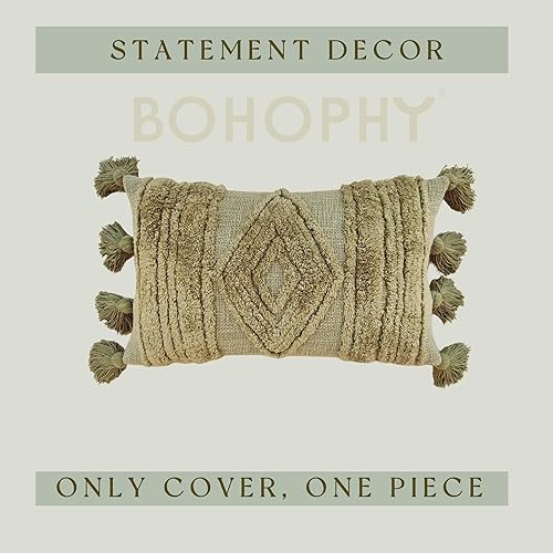 Miniatura 2 de BOHOPHY Funda de almohada decorativa de algodón suave, diseño bohemio, con borlas gruesas, 12 x 20 pulgadas, funda de cojín lumbar rectangular con