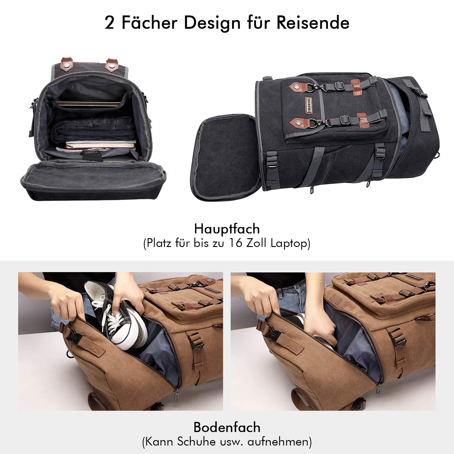 WITZMAN Canvas Reiserucksack Herren mit 16-Zoll-Laptopfach und Schuhfach | Großer Stauraum, Mehrere Fächer und Umwandelbare Reisetasche, Ideal für Reisen, Arbeit und Kurztrips, A568 Schwarz