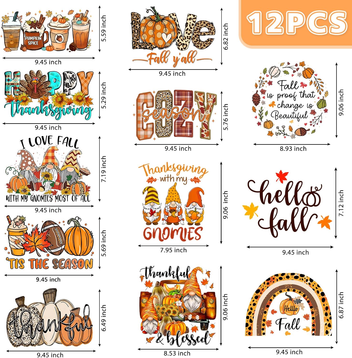 12 PCS Fall DTF Transfers Ready to Press, Iron on Transfers for T-Shirts