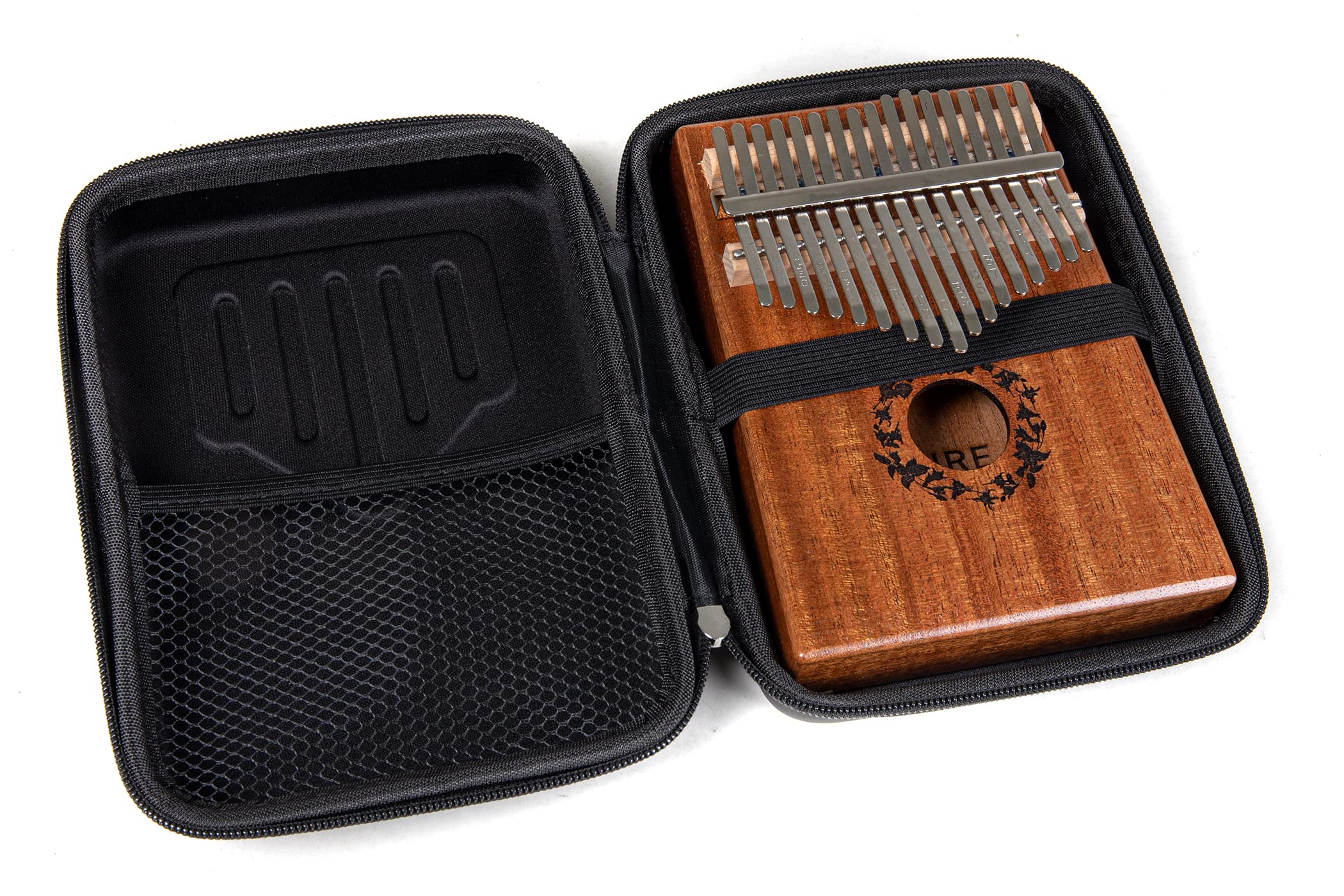 GEWA Kalimba pianoforte a pollice mogano, motivo foglie, 17 canne in acciaio, accordabile, incl. borsa, martello per accordare, manuale