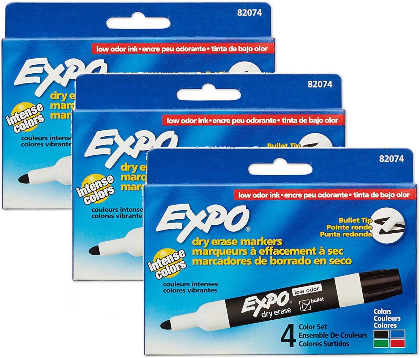 82074 Low-Odor Dry Erase Markers, Bullet Tip, 4 Assorted Colors (Black, Blue, Green and Red), 3 Blisters of 4 Markers Each, Total 12 Assorted Color Markers