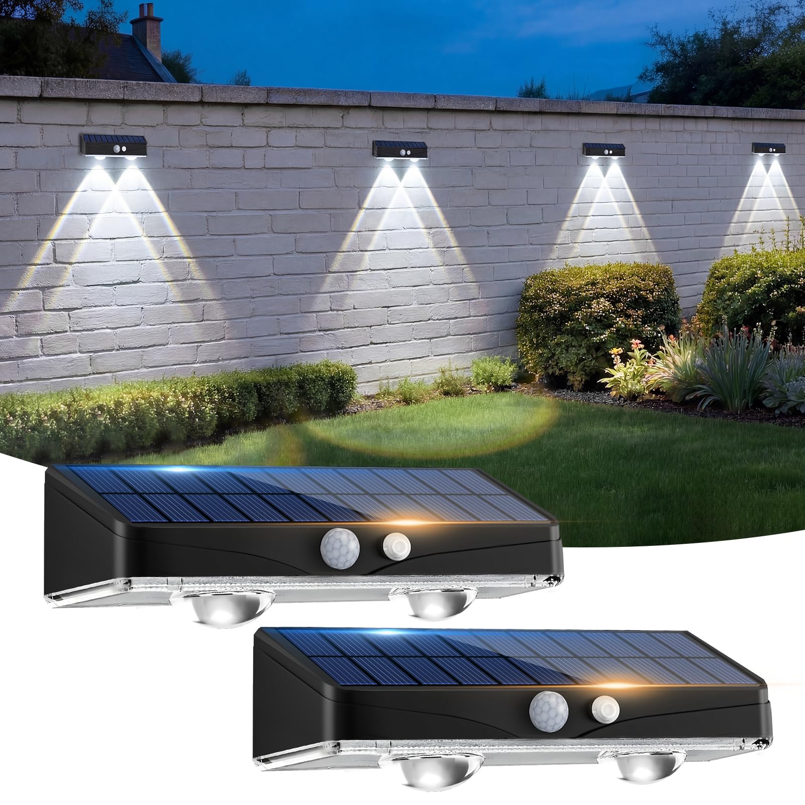 Kolpop Solar Fence Lights Outdoor Garden, 2 Pack Solar Motion Sensor Lights, 3 Modes Fence Lights Solar Powered, Waterproof Wall Lights for Patio, Yard, Gate, Step, Pool, Decoration, Cool White