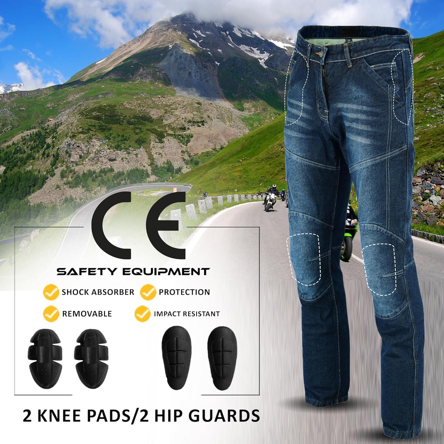 Motorcycle Denim Jeans Pants Lined with Aramid Fiber Reinforced Hip and Knee Safety with CE Removable Armor