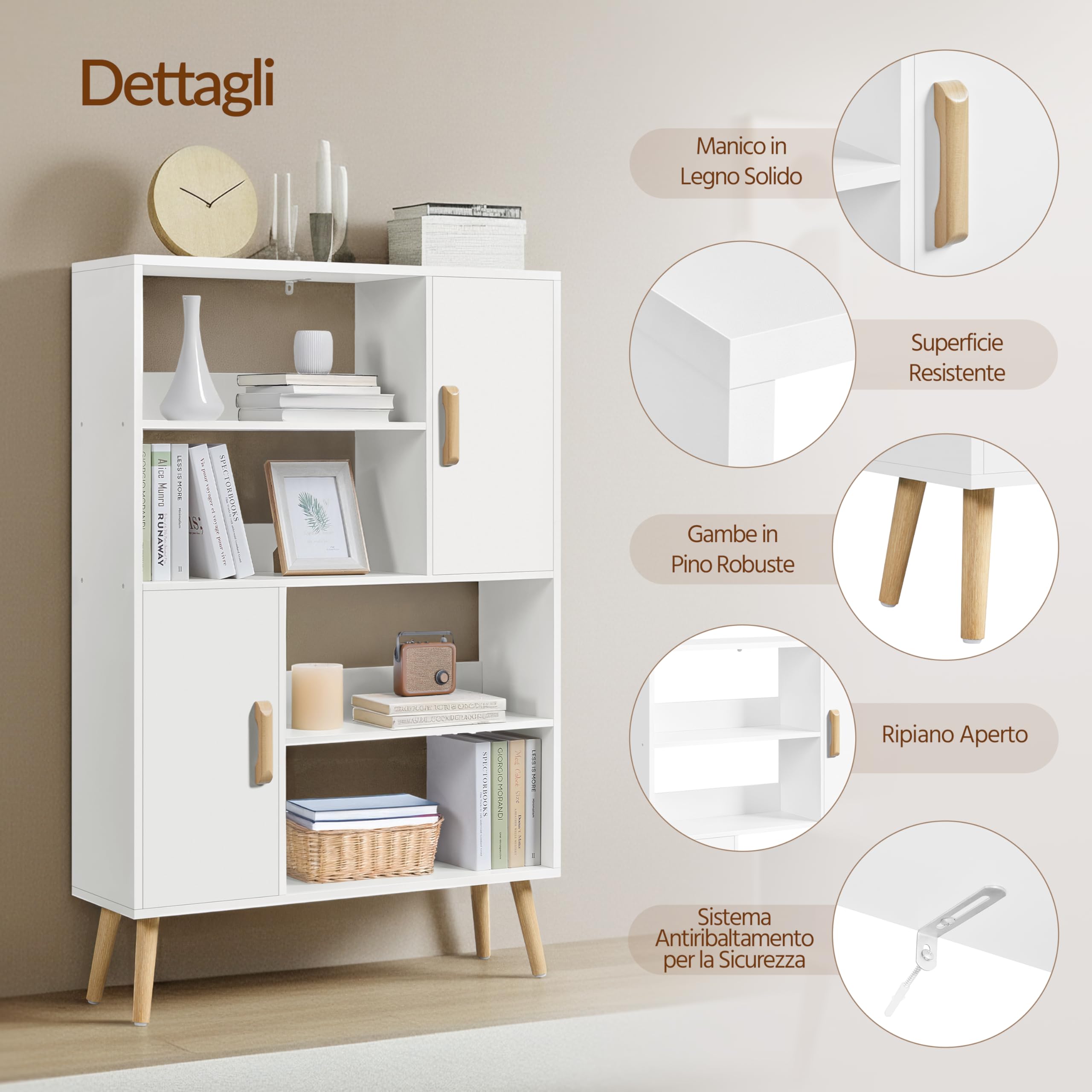 Yaheetech Libreria 4 Ripiani 2 Ante 80 × 23,5 × 120,5 cm Bianco | Mobile Autoportante Multi-Livello Alto, 4 Ripiani Ampi e 2 Ante, Organizzatore Portaoggetti per Casa e Ufficio