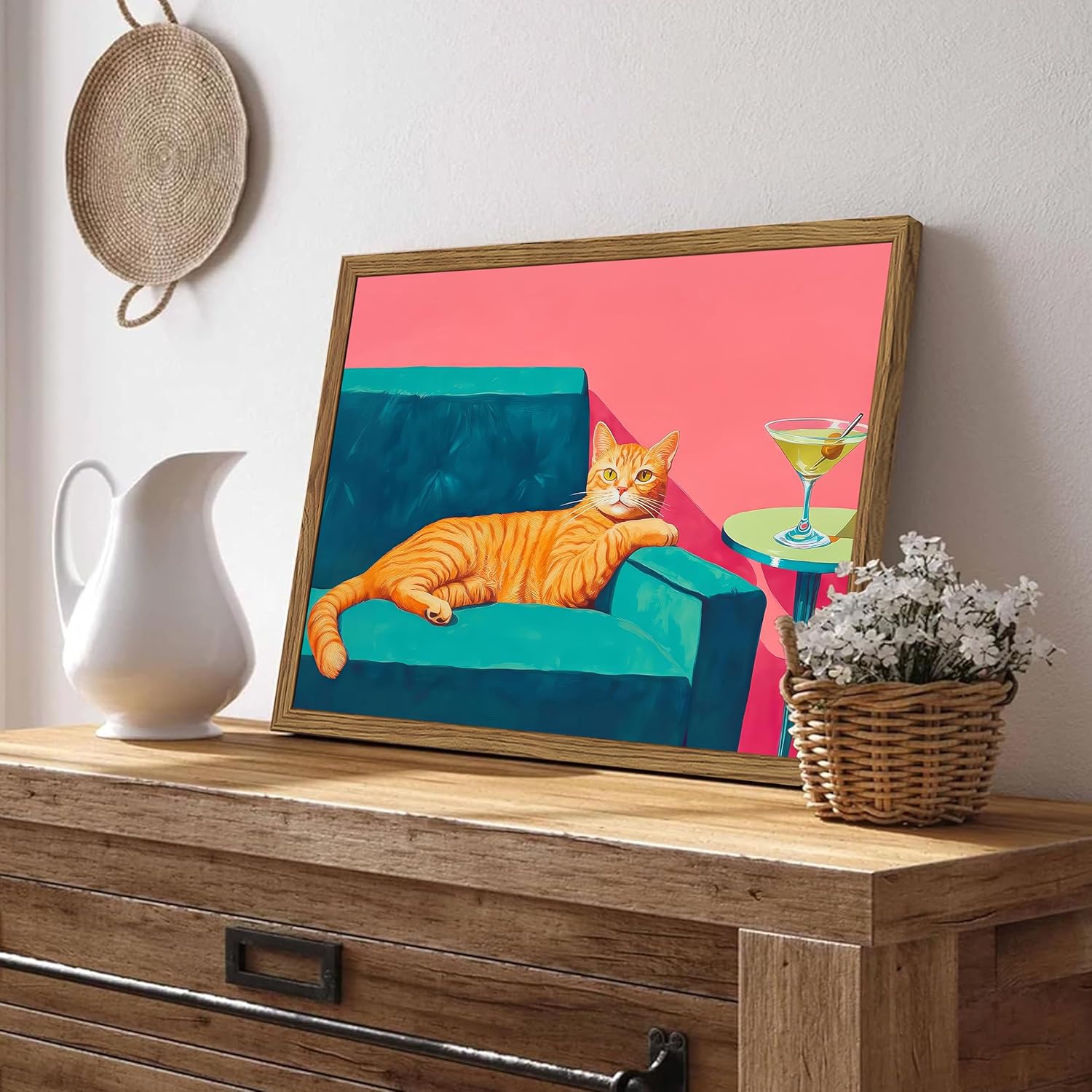 Funny Cat Wall Art Orange Cat With Martini Wall Decor Painting Whimsical Animal Cocktail Bar Cart Poster Canvas Prints Quirky Pet Lover Picture for Bedroom Living Room Wood Framed 12x16 inch