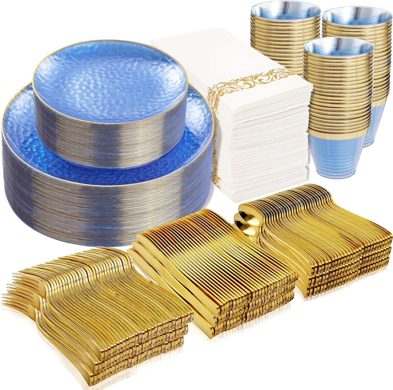 Rubtlamp 350 Pcs Clear Blue Plastic Plates, Blue Gold Plastic Dinnerware Set (50 Guests), Blue Disposable Plates With Gold Rim, Hammered Party Plates Set for Wedding And Party