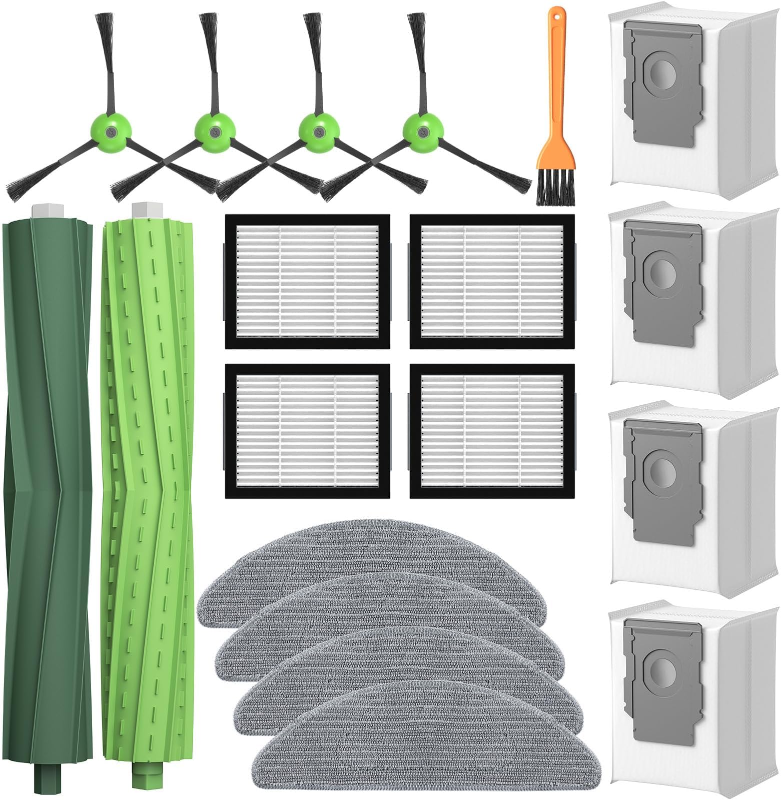 Replacement Parts for iRobot Roomba Combo i5, i5+, j5, j5+ Robot Vacuum Cleaner, Accessories Kit: Dual Multi-Surface Rubber Brushes + 4 Filters + 4 Mop Pads + 4 Vacuum Bags + 4 Edge-Sweeping Brush