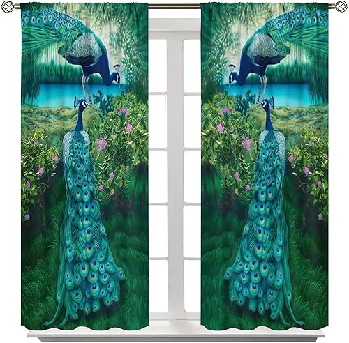 Miniatura 77 de Cortina opaca con estampado de pavo real, con estampado de animales retro, con bolsillo para cortinero y flores de peonía doradas, para dormitorio,