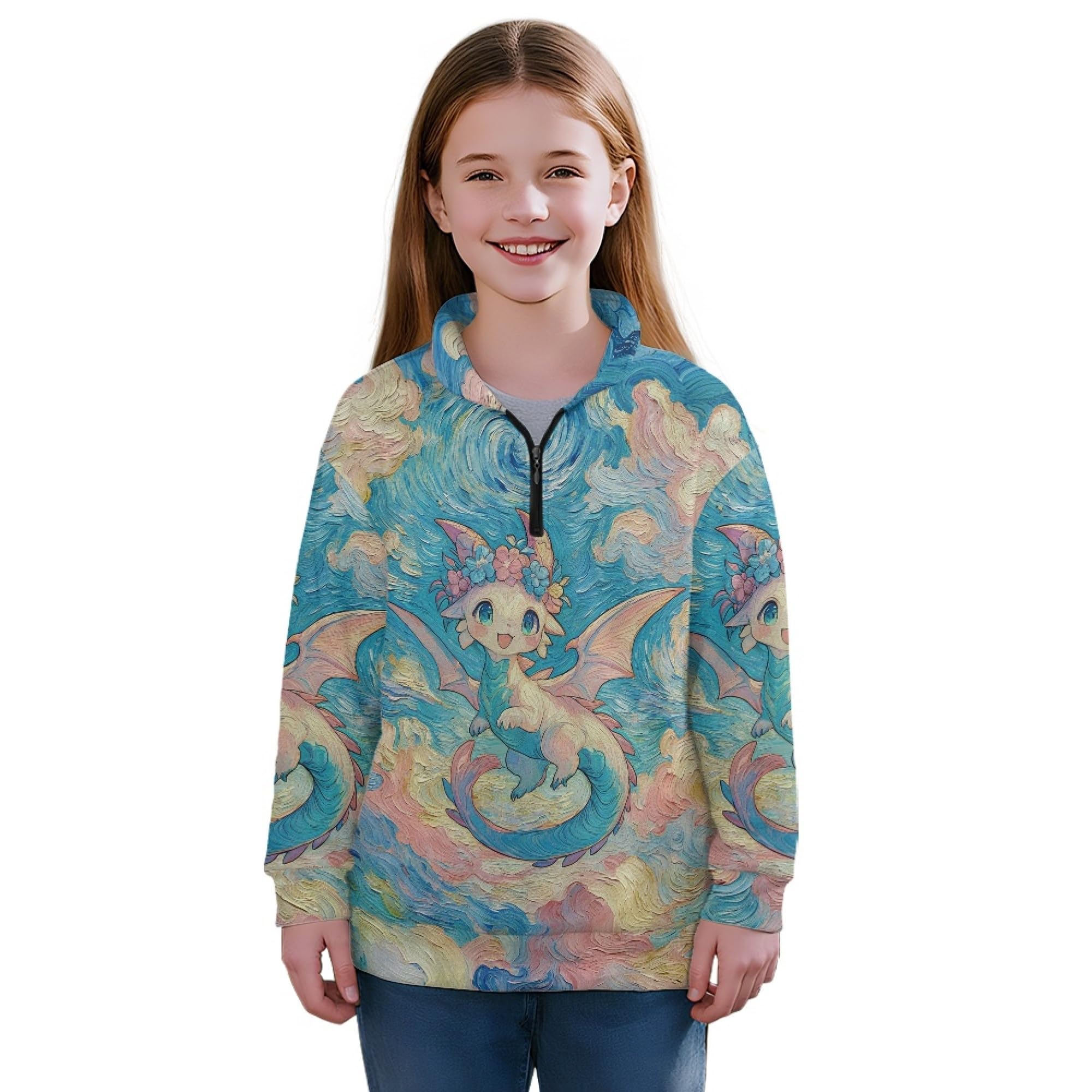 AmzPrint Half Zip Pullover Jackets Girls Long Sleeve Warm Pullover Back To School Running Oversized Hoodie For Big Girls