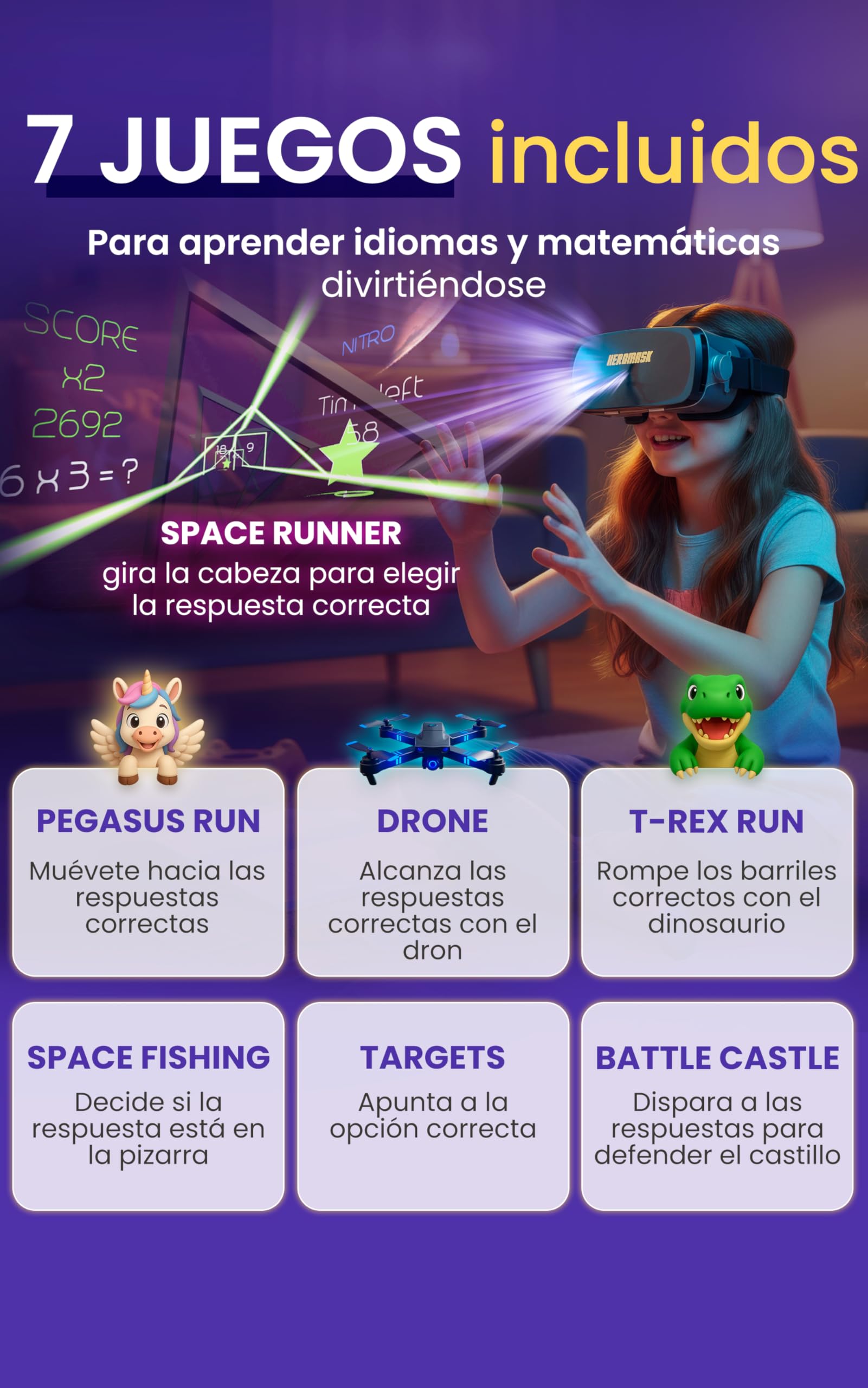 Heromask Bundle Educativo 3 en 1 – Idiomas, Matemáticas y Cuentos en Realidad Virtual y Hologramas | Juego 2 en 1 con Casco VR + Pirámide | Regalo Original para Niños 5-12 Años